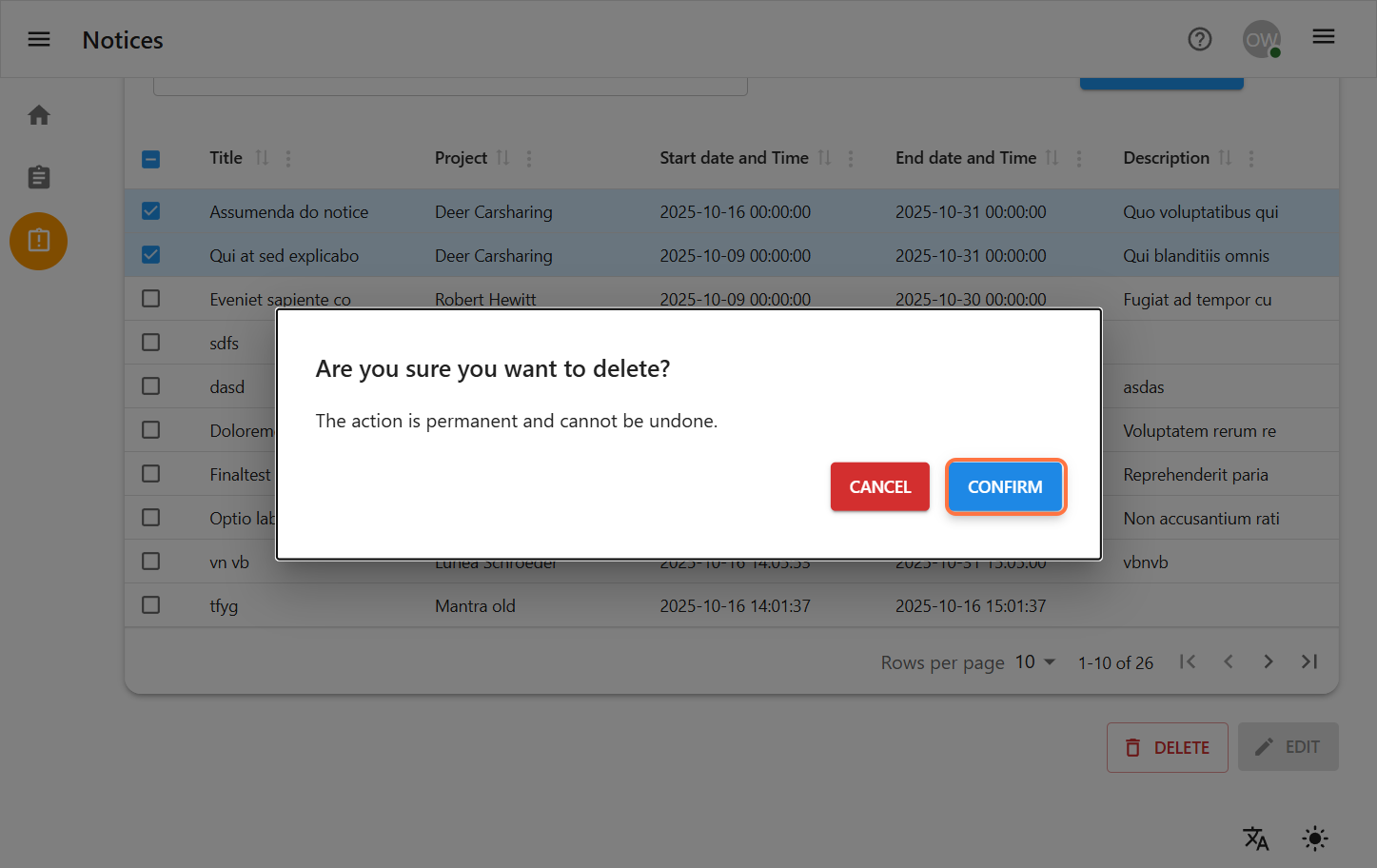 Select Notice to Edit