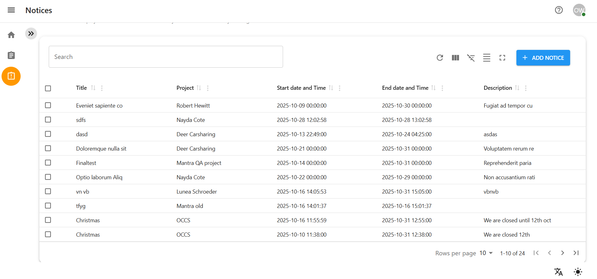 Notice Management Page
